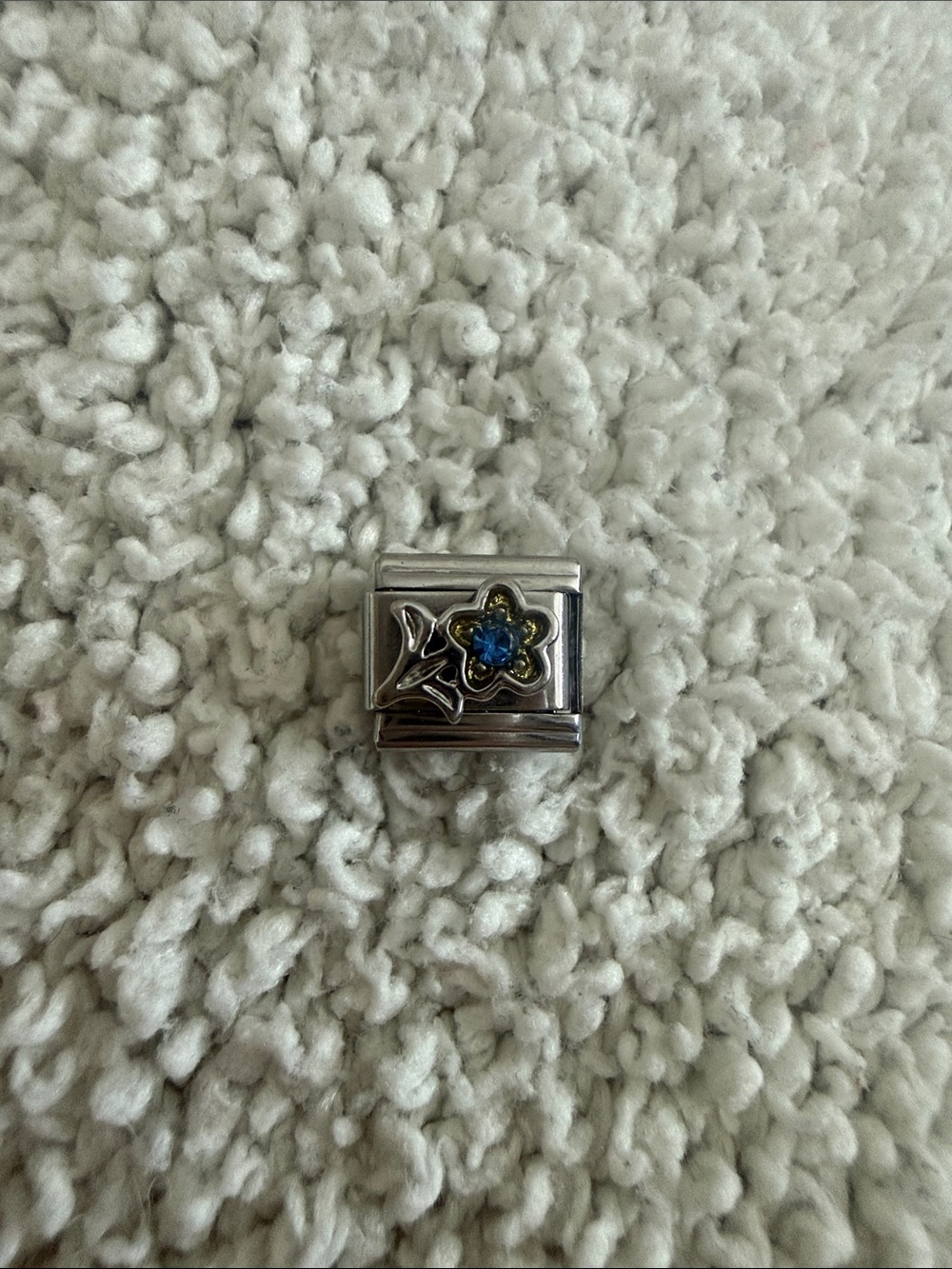 Silver Floral Charm with Blue Crystal Accent - Italian Charm Bracelet Charm